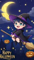Halloween Witch  photo Illustration &ndash; Broom, Moon & Pumpkins