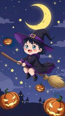 Halloween Witch  photo Illustration &ndash; Broom, Moon & Pumpkins