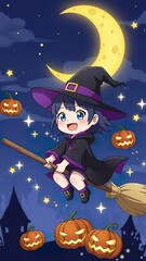 Halloween Witch  photo Illustration &ndash; Broom, Moon & Pumpkins