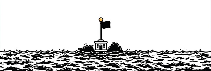 Small structure with black flag on turbulent water