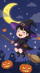Halloween Witch  photo Illustration &ndash; Broom, Moon & Pumpkins