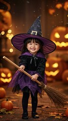 Halloween Witch  photo Illustration &ndash; Broom, Moon & Pumpkins
