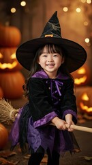 Halloween Witch  photo Illustration &ndash; Broom, Moon & Pumpkins