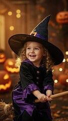 Halloween Witch  photo Illustration &ndash; Broom, Moon & Pumpkins