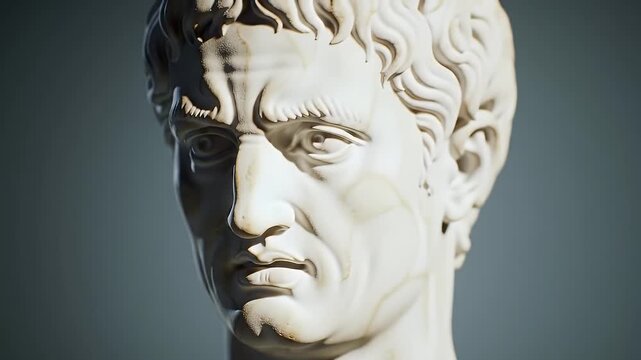 White Marble Bust With Detailed Facial Features And Curly Hair Accented By Strong Shadow On Gray Background