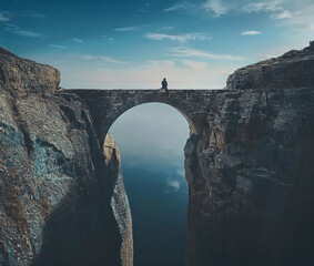A beautiful bridge spans a river in the middle of a canyon
