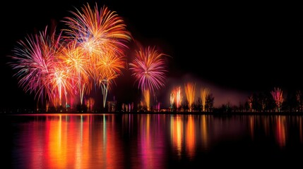 Fototapeta premium Vibrant fireworks display illuminating the night sky over a serene lake, reflecting colorful bursts