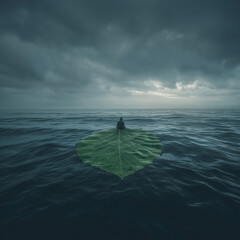 Green leaf floating on a vast ocean, with a person sitting inside