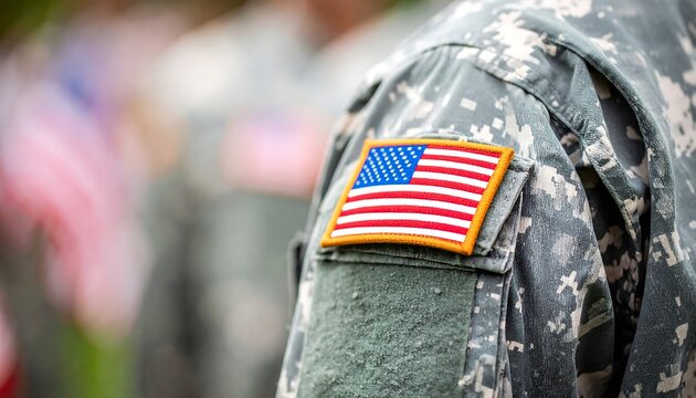 Close-up of an American flag patch on a military uniform, highlighting the patriotic design and camouflage pattern.