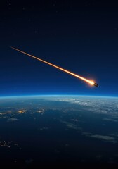 Naklejka premium Rocket streaking through starry night sky with earth below. Spacecraft concept artwork of re-entry or atmospheric flight for science theme and astronomy use.