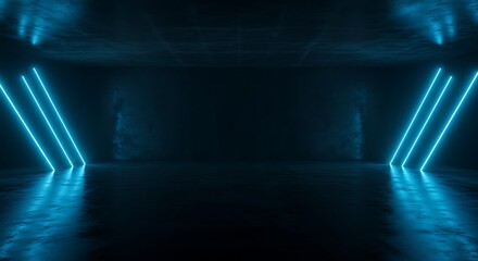 Abstract dark space with vibrant blue neon lights, reflecting on the sleek floor, creating a futuristic and modern digital backdrop for high-tech virtual environments.