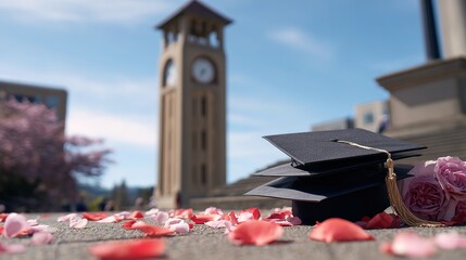 Graduation season theme, stacked bachelor hats and diplomas placed in front of the campus clock tower, petals scattered around, background is clear blue sky 