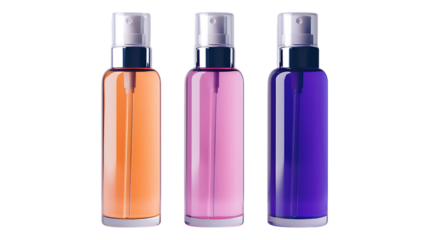 Colorful spray bottles mockup for cosmetic product photography and marketing materials, isolated design on transparent background