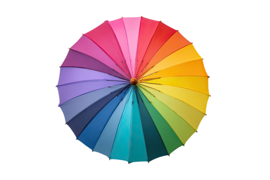 Top view of a colorful umbrella.  A vibrant, rainbow-hued umbrella