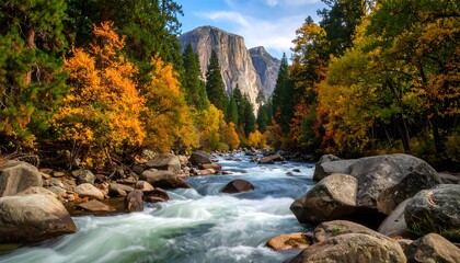 Majestic Yosemite Valley in Autumn with El Capitan and Merced River.