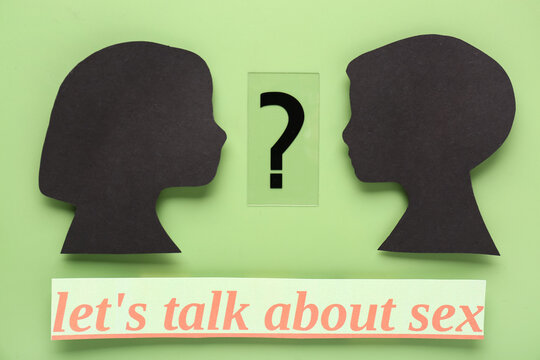 Silhouettes of girl's and boy's heads with question mark and text LET'S TALK ABOUT SEX on green background. Sex education - Powered by Adobe