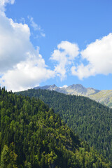 Beautiful mountain landscape. Mountains covered with green trees against blue sky with clouds. Natural background for travel.