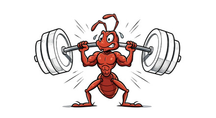 Muscular ant lifting weights, demonstrating strength and determination in fitness journey, cartoon power