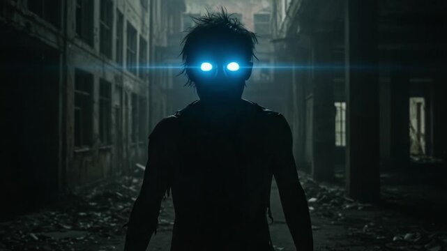 A Daring Encounter in an Abandoned Building Featuring a Mysterious Figure with Luminescent Eyes, Surrounded by Shadowy Ruins and an Ominous Atmosphere
