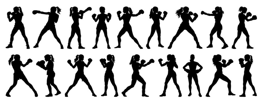 Female Boxers Silhouette Collection Fighting with Gloves on Transparent Background Vector Set