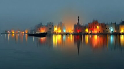 Misty night cityscape reflected in water