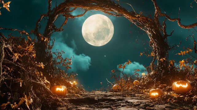 Enchanted moonlit forest with glowing pumpkins and twinkling stars on a mystical night