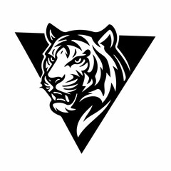 tiger head vector,  stylized black and white logo featuring a tiger's head within a triangular shape. 