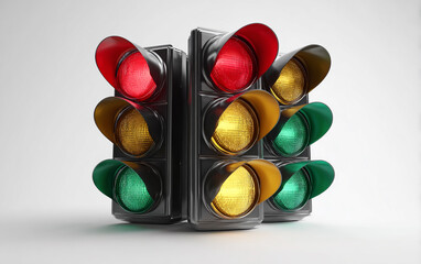 Three sided traffic signal with red yellow and green lights illuminated on white background
