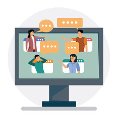 Online discussion board concept, business people chatting dialogue in computer.
