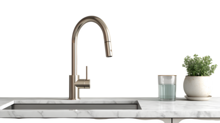kitchen with a smart faucet that adjusts water temperature based on voice commands