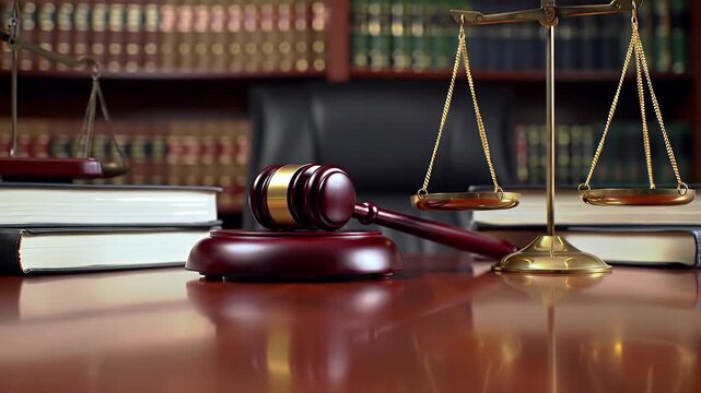 Scales of Justice and Gavel on Wood Table with Law Books Background in a Courtroom Setting