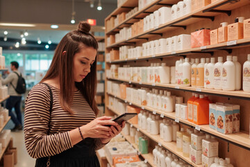 Caucasian young adult woman browsing smartphone while standing in front of shelves filled with personal care products in store, focusing on comparing items or searching information