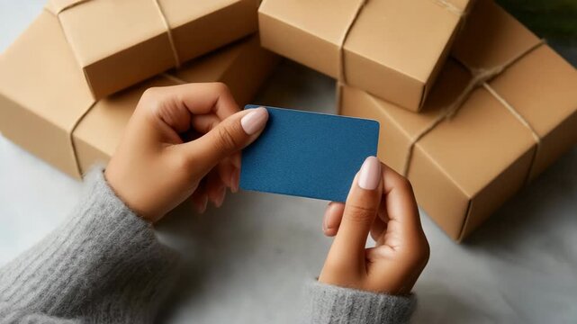 Female hands holding blue card with gift boxes in background