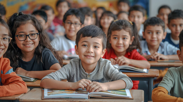 Joyful children in an elementary school classroom are happy to learn new things.