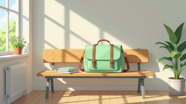 New schoolbag on bench, accessories, bright room with sunlight, wooden floor, green plant, cheerful atmosphere, view of greenery outside. Concept of new schoolbag on bench, accessorizing space.