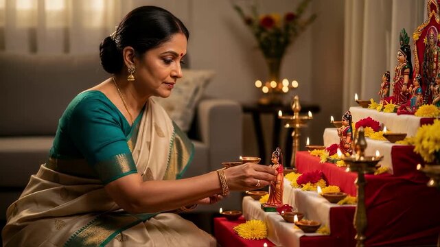 Indian woman in a traditional sari arranges a golu doll display on a home altar for the navratri festival, a scene of hindu faith, spirituality and cultural heritage - Powered by Adobe