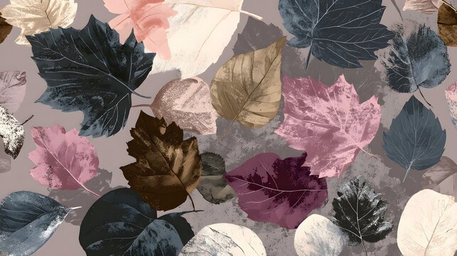 Detailed illustrative autumn leaves pattern with organic shapes and subtle muted colors ideal for wallpaper and promotional design applications