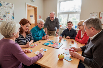 Group of middle aged and senior Caucasian men and women playing board game together at wooden table, smiling and interacting, apples and cards visible on tabletop