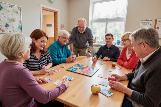 Group of middle aged and senior Caucasian men and women playing board game together at wooden table, smiling and interacting, apples and cards visible on tabletop