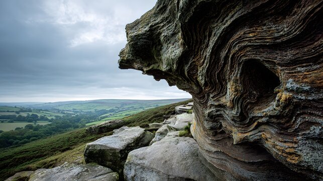 Detailed Close-Up View of a Weathered Rock Formation with Elaborate Textures Captured in the Natural Setting of Bridestones Nature Reserve Within the North Yorkshire Moors National Park