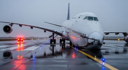 Large passenger airplane with visible nose damage, standing on a wet runway in rainy weather. Aircraft accident aftermath, emergency response at the airport.
