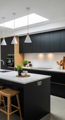 Modern kitchen interior with island, black cabinets, and white countertops design
