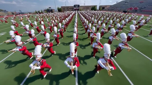 Marching Band's Precision: A dynamic visual of an ensemble marching band in coordinated formation on a vibrant football field, performing an elaborate routine of synchronized movements.