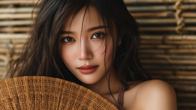 Beautiful thai woman holding gold hand fan.