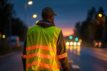 A traffic control worker wearing a reflective vest stands on the side of a busy road as twilight approaches
