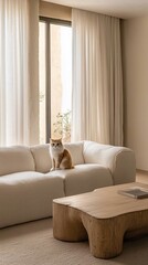 Serene Minimalist Living Room: Orange Cat on Cream Sofa, Natural Wood Coffee Table