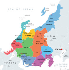 Fototapeta premium Chubu, region of Japan, multi colored map. Also the Central Region or Central Japan, a region in the middle of main island Honshu, encompassing nine prefectures. Map with capitals and largest cities.