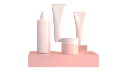 Minimalist skincare product mockup set for cosmetic branding and packaging design presentation on pink stand on transparent background