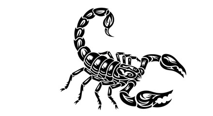 Detailed black and white illustration of a scorpion with a tribal design style