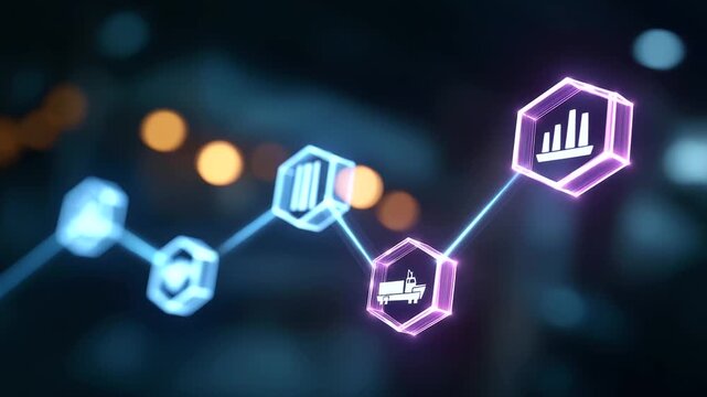 Futuristic digital setting with a dynamic holographic display illustrating a supply chain flowchart representing logistics innovation, global trade, process optimization, supply chain management